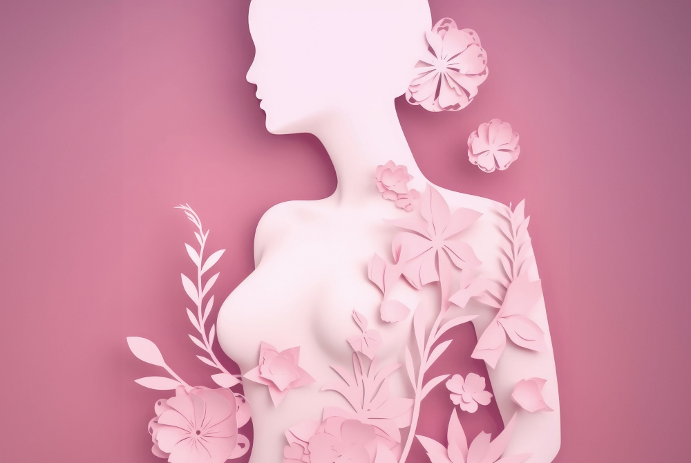Digital illustration of a pink woman surrounded by flowers